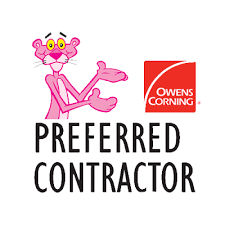 Owens Corning Preferred Contractor badge featuring the Pink Panther mascot and company logo